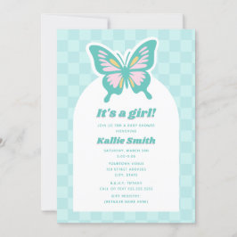Butterfly Teal Checkerboard Girl Shower Inbjudningar