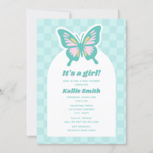 Butterfly Teal Checkerboard Girl Shower Inbjudningar