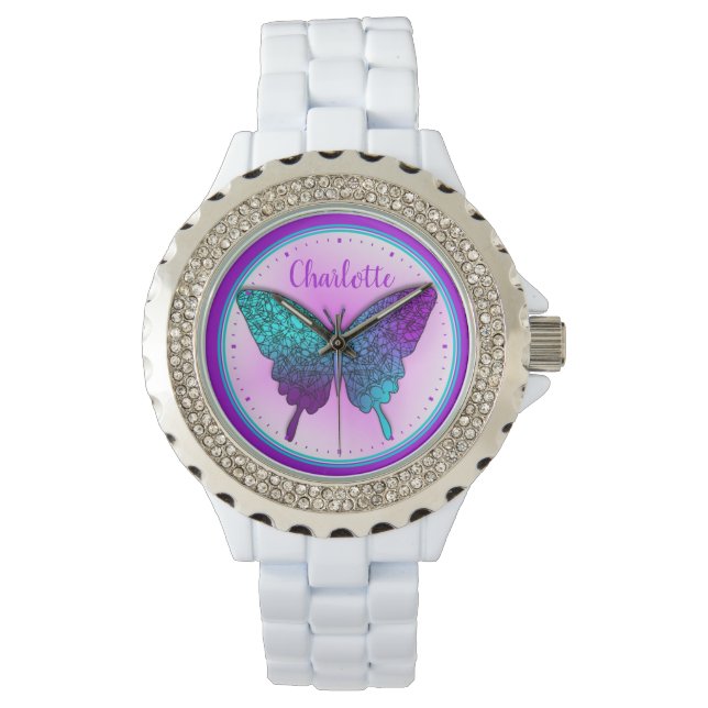 Butterfly Teal Lila Ombre Cute Personlig Armbandsur (Framsida)