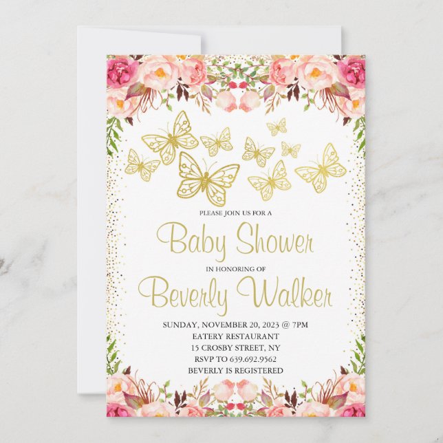 Butterfly Theme Baby Shower Botanical Blommigt Inbjudningar (Framsida)