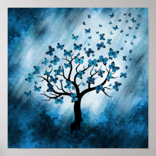 Butterfly Träd - Blue Marble Mist Poster