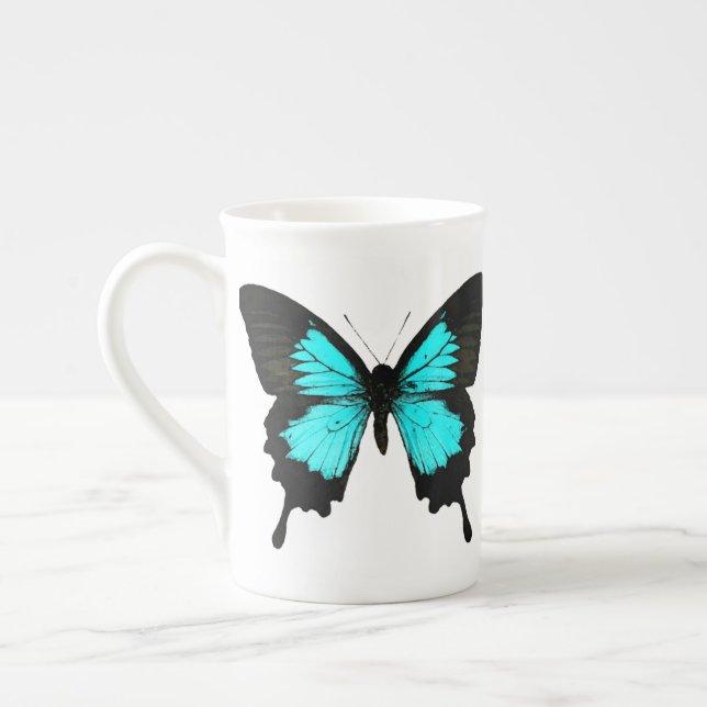 Butterfly - turkos blå och svart benporslin mugg (Vänster)