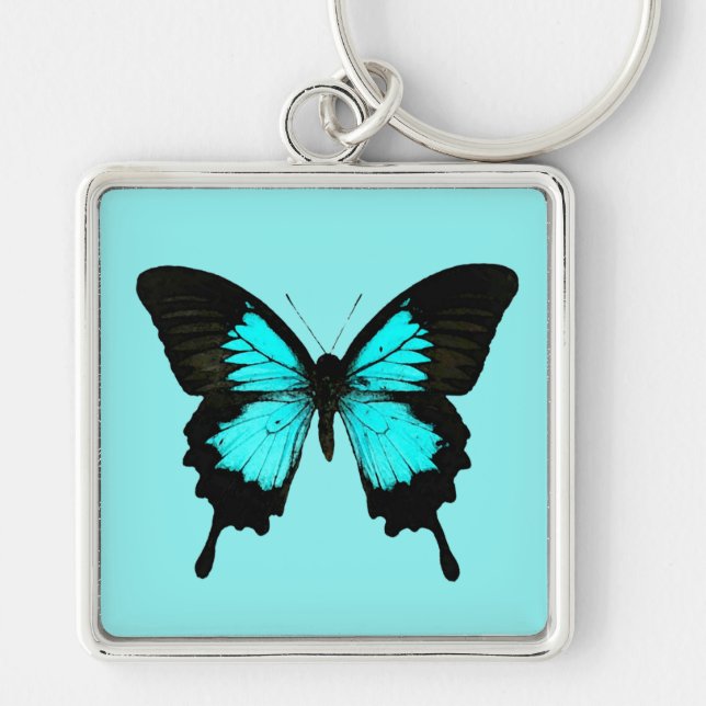 Butterfly - turkos blå och svart fyrkantig silverfärgad nyckelring (Framsidan)
