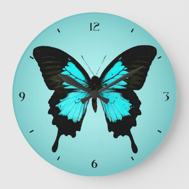 Butterfly - turkos blå och svart stor klocka (Framsida)