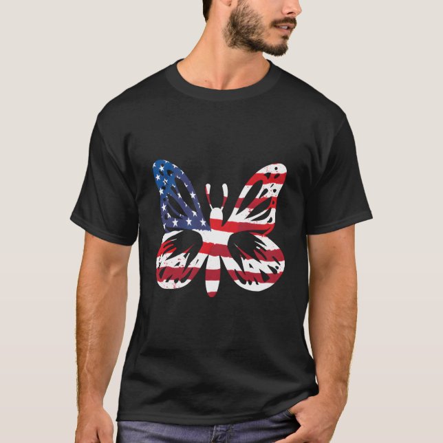 Butterfly USA American Flagga Patriotic 4:e juli T Shirt (Framsida)