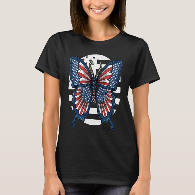 Butterfly USA Flag Cute Fourth Of July Funny Ameri T Shirt (Framsida)