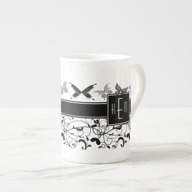 Butterfly Victorian Flourish Black White Benporslin Mugg (Framsida höger)