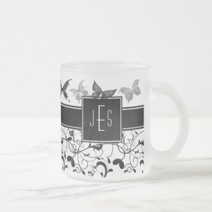 Butterfly Victorian Flourish Black White Frostad Glasmugg