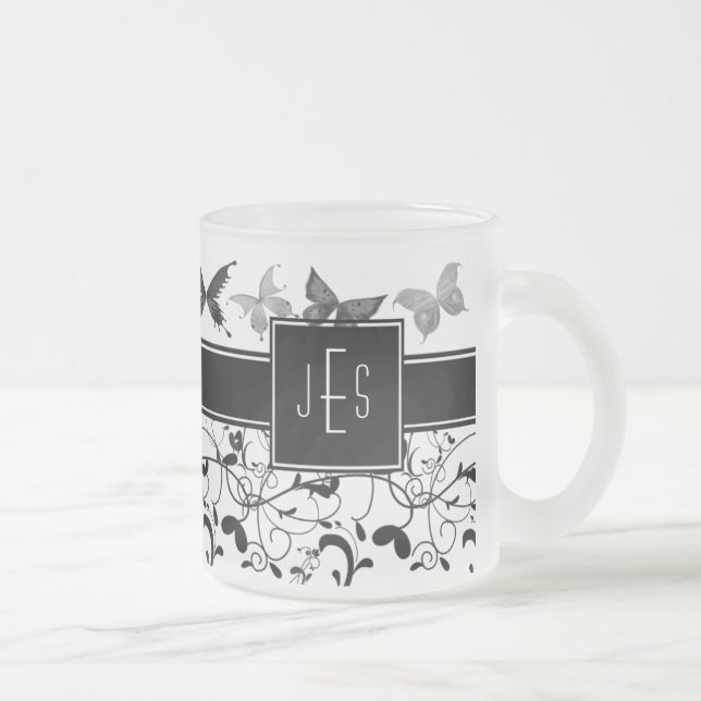 Butterfly Victorian Flourish Black White Frostad Glasmugg (Höger)