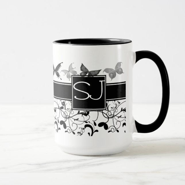 Butterfly Victorian Flourish Black White Mugg (Höger)