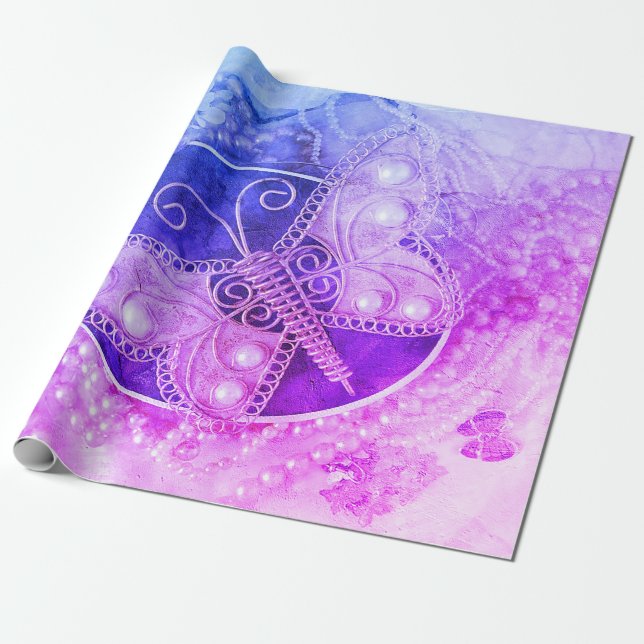 Butterfly Vintage Romantic Lila Rosa Decoupage Presentpapper (Utrullad)