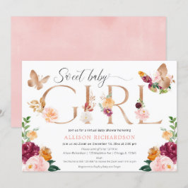 Butterfly Virtuell babydusch rosa burgundy blommig Inbjudningar
