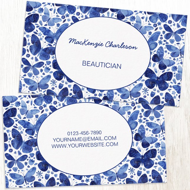 Butterfly Visitkort (Indigo navy blue and white watercolor butterfly pattern custom modern business card)