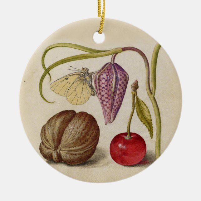 Butterfly Walnut Flower Cherry Watercolor Art Julgransprydnad Keramik (Framsidan)