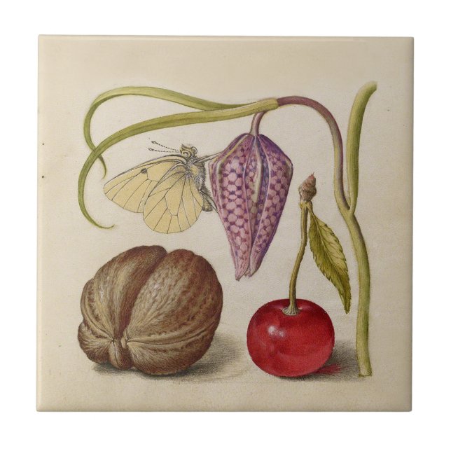 Butterfly Walnut Flower Cherry Watercolor Art Kakelplatta (Framsidan)