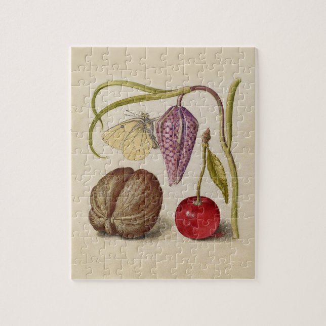 Butterfly Walnut Flower Cherry Watercolor Art Pussel (Vertikal)