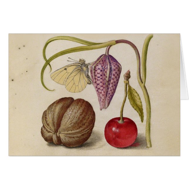 Butterfly Walnut Flower och cherry Watercolor Hälsningskort (Framsidan Horizontal)