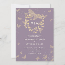Butterfly Wand Lilac Guld Monogram Bröllop Inbjudningar