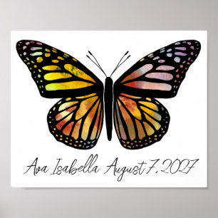 Butterfly Watercolor ANPASSNINGSBAR BABY NAMN BIRT Poster