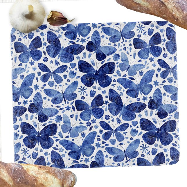 Butterfly Watercolor Blue and White (Blue and white watercolor butterfly pattern art cutting board)