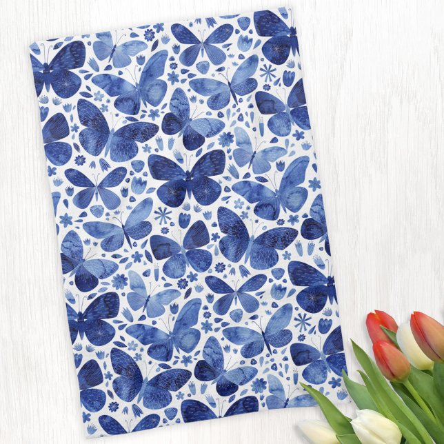 Butterfly Watercolor Blue and White Kökshandduk (Indigo navy blue and white watercolor butterfly pattern kitchen towel)