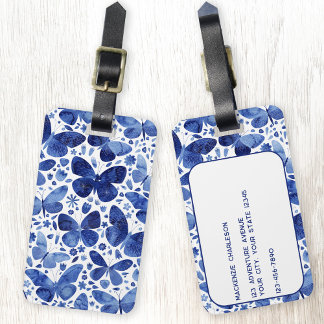 Butterfly Watercolor Blue and White Personlig Bagagebricka