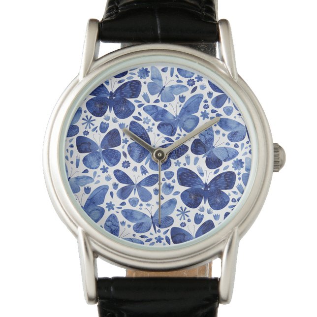 Butterfly Watercolor Blue Armbandsur (Navy indigo blue and white watercolor butterfly pattern watch)