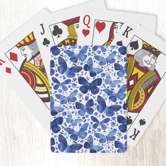 Butterfly Watercolor Blue Casinokort (Indigo navy blue watercolor butterfly pattern playing cards)