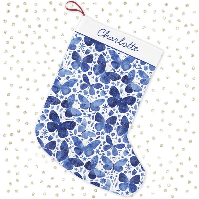 Butterfly Watercolor Blue Liten Julstrumpa (Personalized script name pretty blue and white watercolor Christmas stocking)