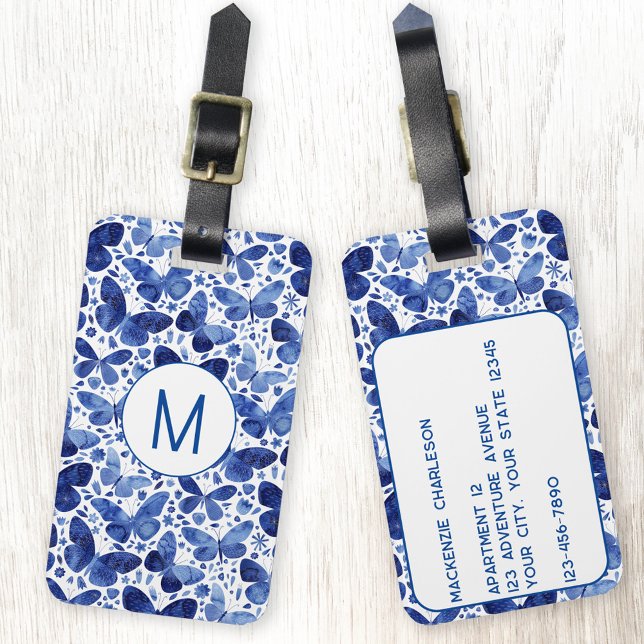 Butterfly Watercolor Blue Monogram Bagagebricka (Butterfly watercolor blue and white monogram initial personalized luggage tag)