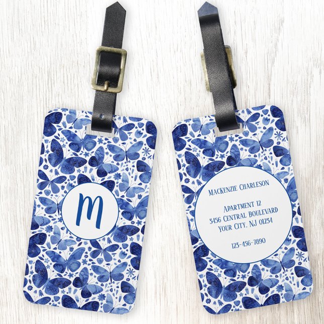 Butterfly Watercolor Blue Monogram Bagagebricka (Skapare uppladdad)