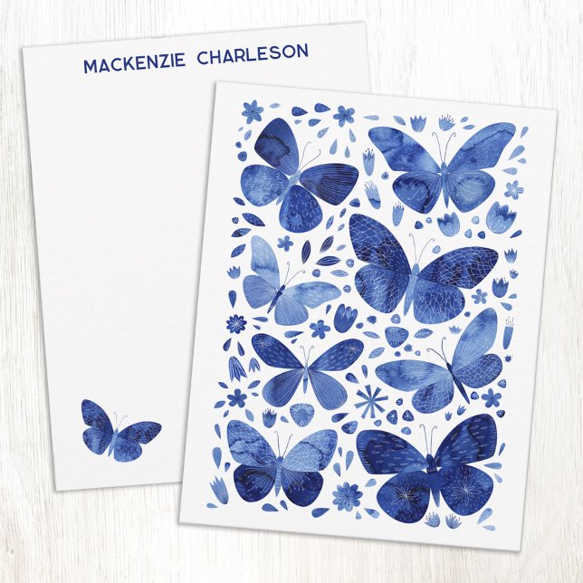 Butterfly Watercolor Blue Personalized Anteckningskort (Watercolor butterfly pattern blue and white personalized custom name or text notecards)