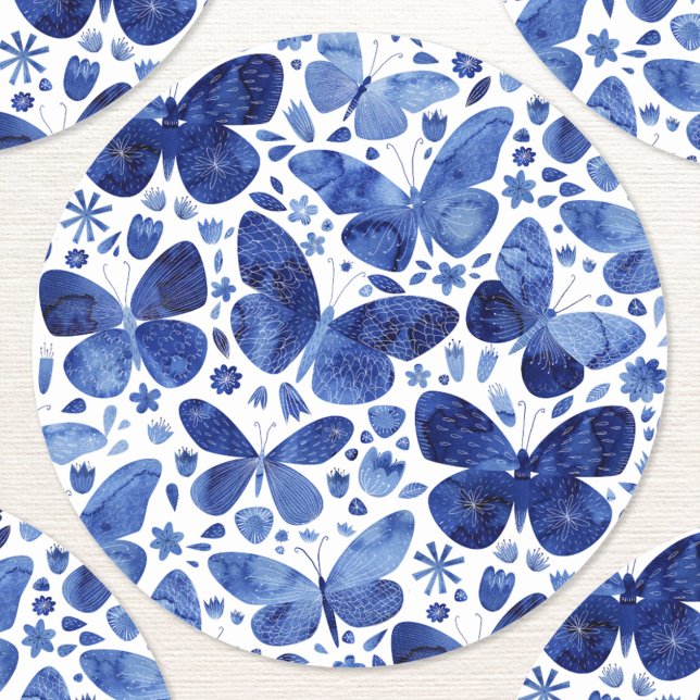 Butterfly Watercolor Blue Runt Klistermärke (Pretty blue and white watercolor butterfly pattern stickers)