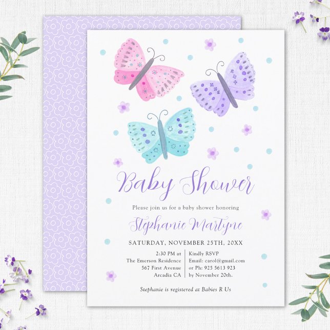 Butterfly Watercolor Lila Aqua Baby Shower Inbjudningar (Skapare uppladdad)