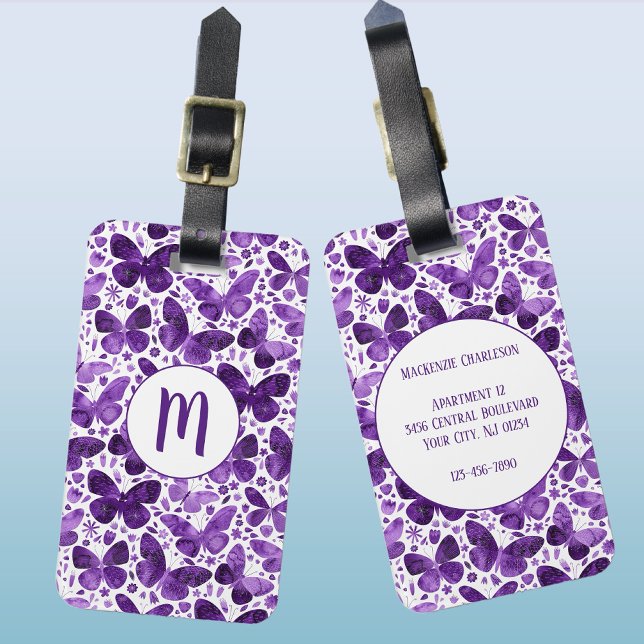 Butterfly Watercolor Lila Monogram Bagagebricka (Purple butterfly pattern personalized monogram initial luggage tag)