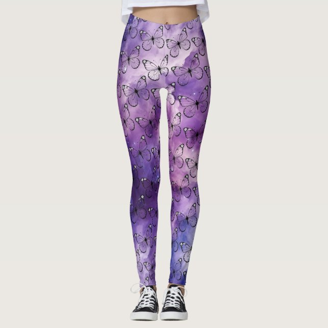 Butterfly Watercolor Mönster Lila Leggings (Framsida)