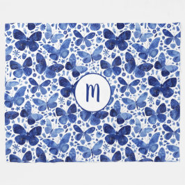 Butterfly Watercolor Mönster Monogram Fleecefilt