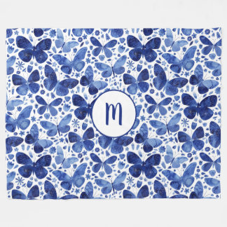 Butterfly Watercolor Mönster Monogram Fleecefilt