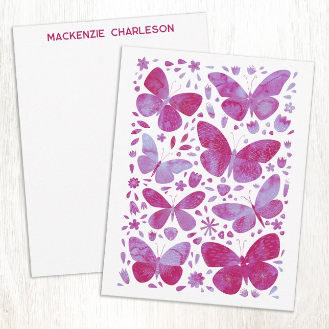 Butterfly Watercolor Pink Personalized Anteckningskort (Magenta pink and white watercolor butterfly art personalized name or text notecards)