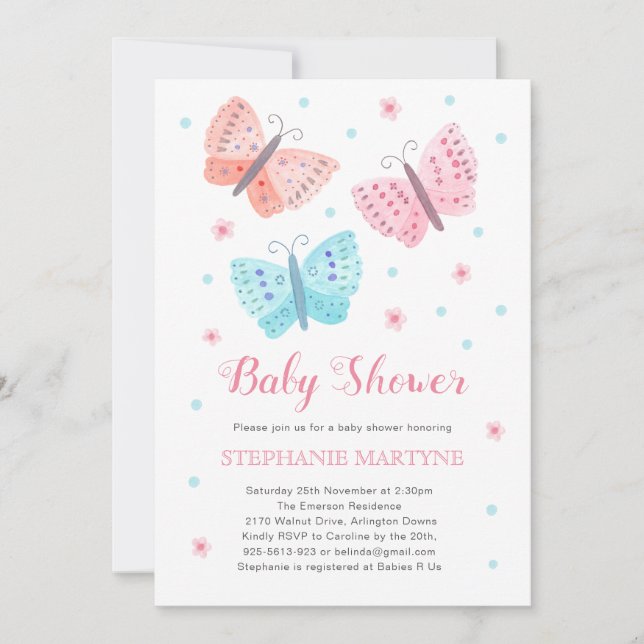 Butterfly Watercolor Rosa Aqua Baby Shower Inbjudningar (Framsida)