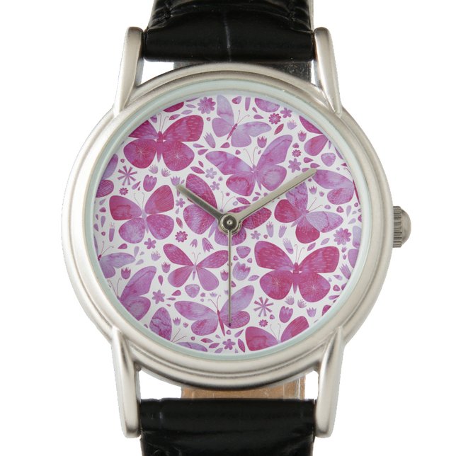 Butterfly Watercolor Rosa Armbandsur (Magenta pink and white watercolor butterfly pattern watch)