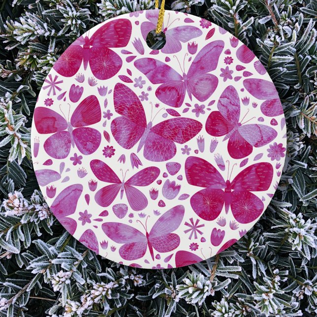 Butterfly Watercolor Rosa Julgransprydnad Keramik (Pink butterfly watercolor art  ceramic Christmas ornament)