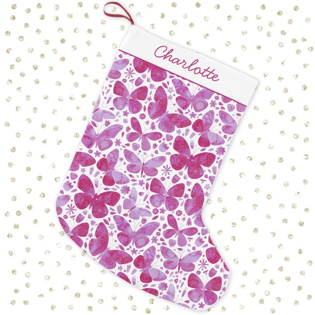 Butterfly Watercolor Rosa Liten Julstrumpa (Personalized script name pretty hot pink and white watercolor Christmas stocking)