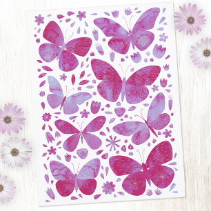 Butterfly Watercolor Rosa Vykort