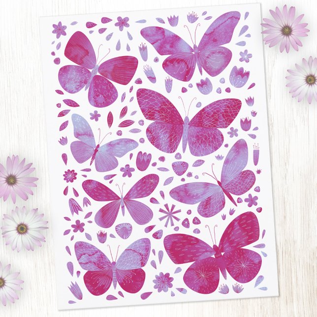 Butterfly Watercolor Rosa Vykort (Skapare uppladdad)
