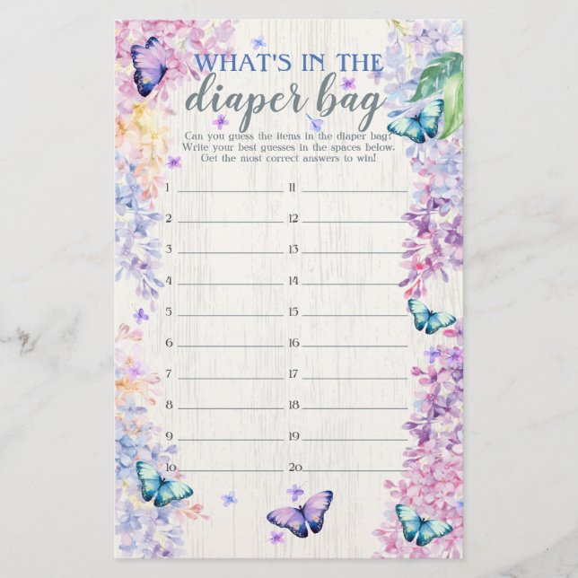 Butterfly What's in the Diaper Bag Shower Game (Framsida)