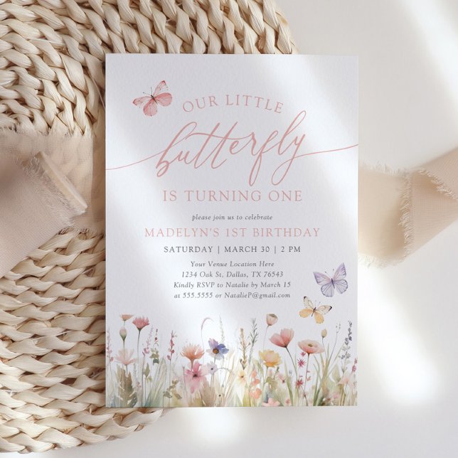 Butterfly WildblomGirl 1st Birthday Inbjudningar (Skapare uppladdad)