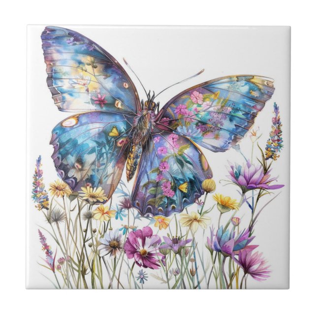 Butterfly & Wildblommor Ceramic Tile Kakelplatta (Framsidan)