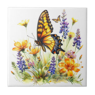 Butterfly & Wildblommor Ceramic Tile Kakelplatta