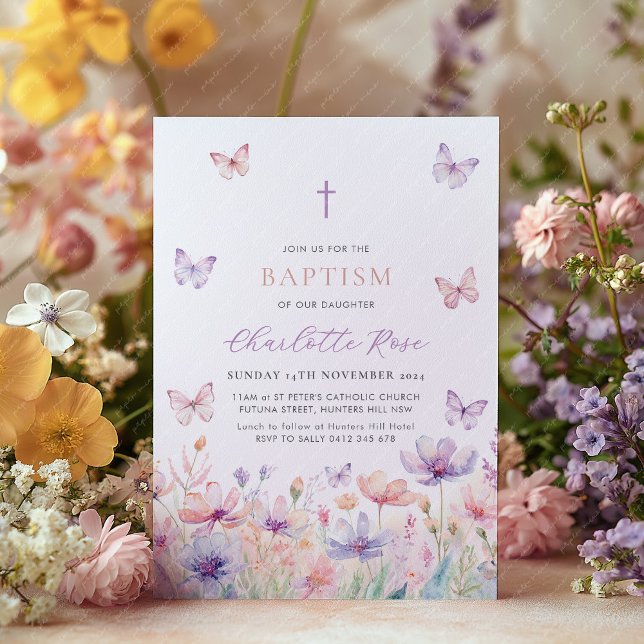 Butterfly Wildbloms Blommigt Baptism Christening Inbjudningar (Wildflower Baptism Invitation with pastel flowers and butterflies. Girl's baptism invitation)